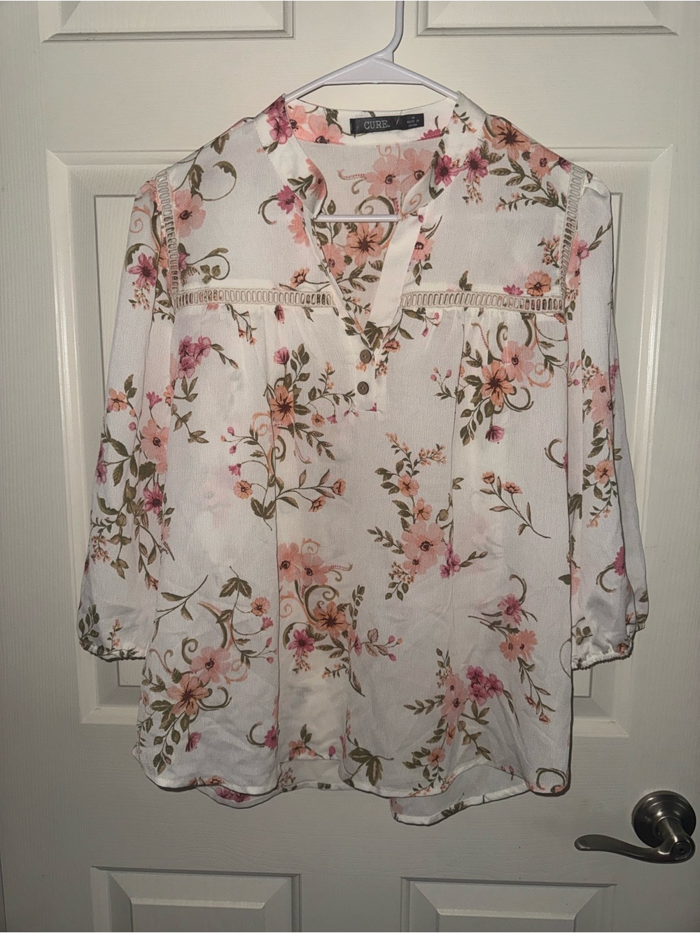 Core White Floral Split-Neck Blouse with Pink Accents